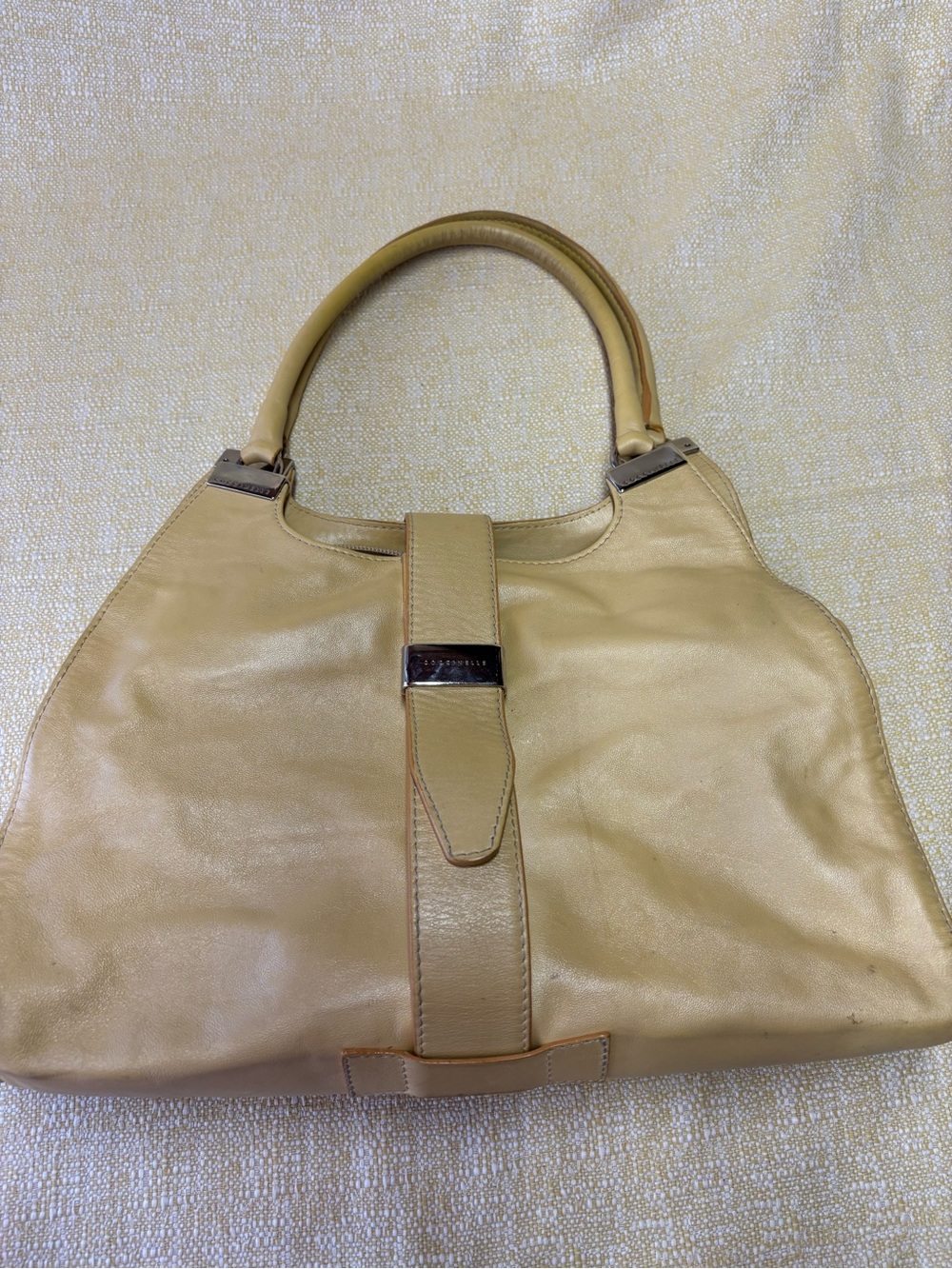 Elegant Beige Leather Shoulder Bag with Top Handles